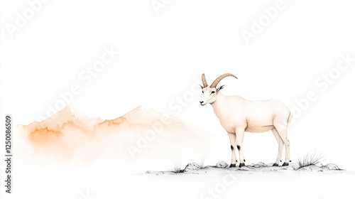 Majestic white goat standing on rocky terrain with soft orange mountains in the background