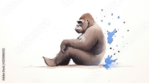 A contemplative gorilla sitting against a simple backdrop with splashes of blue paint, evoking emotion