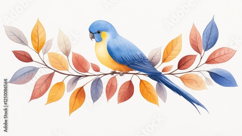 Colorful parakeet perched on a branch surrounded by autumn leaves in a serene setting
