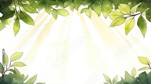 Sunlight filtering through lush green leaves in a serene natural setting, evoking tranquility