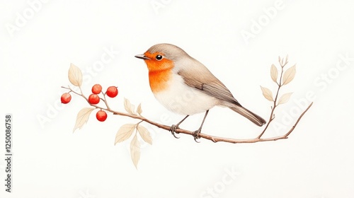A detailed illustration of a robin perched on a branch with red berries, showcasing nature's beauty