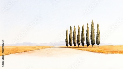 Serene landscape featuring a row of tall cypress trees lining a tranquil dirt road under a clear sky