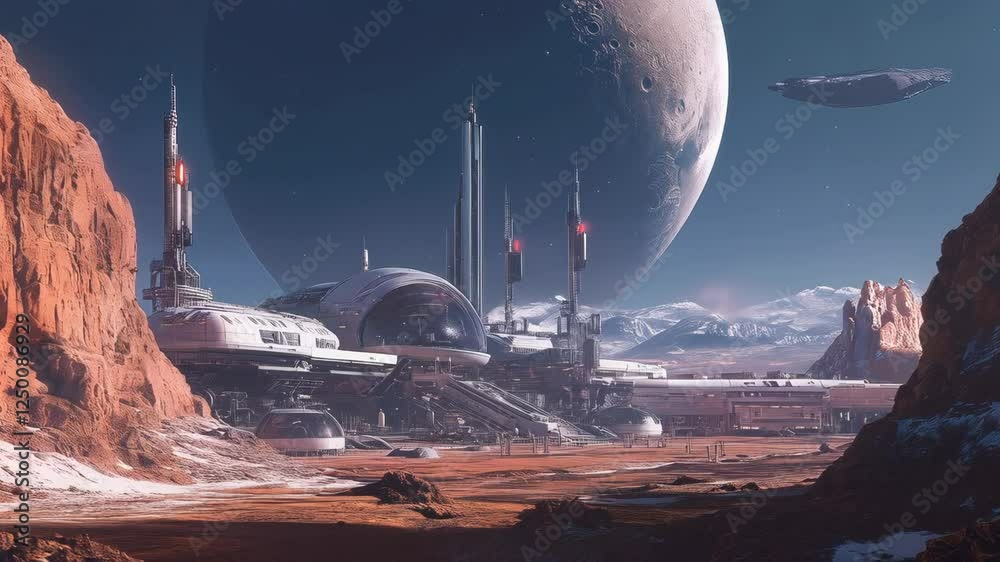 Futuristic Martian Colony Base under a Gigantic Moon