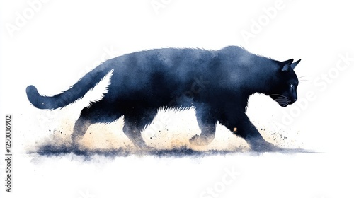 Black cat walking gracefully through a misty background, evoking a sense of mystery and calm