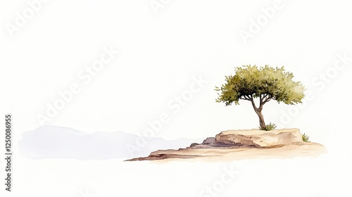 A solitary tree stands on a rocky outcrop, surrounded by a serene, misty landscape