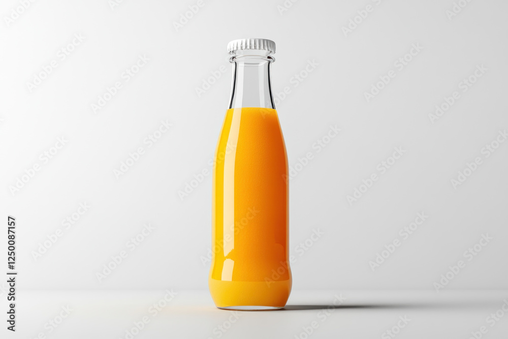 Bottle of orange juice next to a bowl of colorful fruits on a wooden table in a sunlit kitchen.