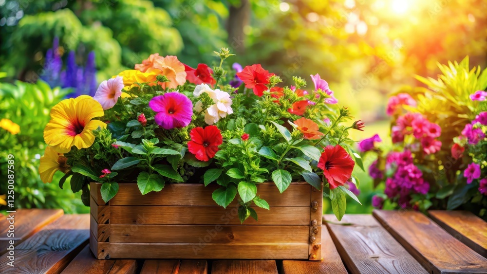 Vibrant colorful flowers in a wooden planter on a sun-kissed patio surrounded by lush greenery and vibrant hibiscus plants Vibrant colorful flowers in a wooden planter on a sun-kissed patio surrounded by lush greenery and vibrant hibiscus plants