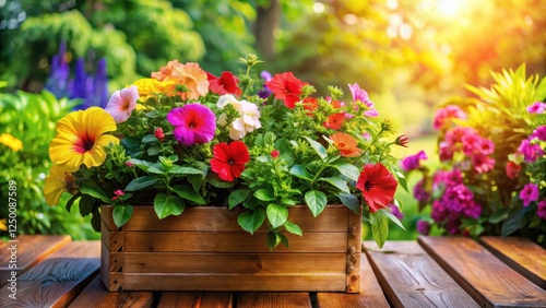 Wallpaper Mural Vibrant colorful flowers in a wooden planter on a sun-kissed patio surrounded by lush greenery and vibrant hibiscus plants Torontodigital.ca