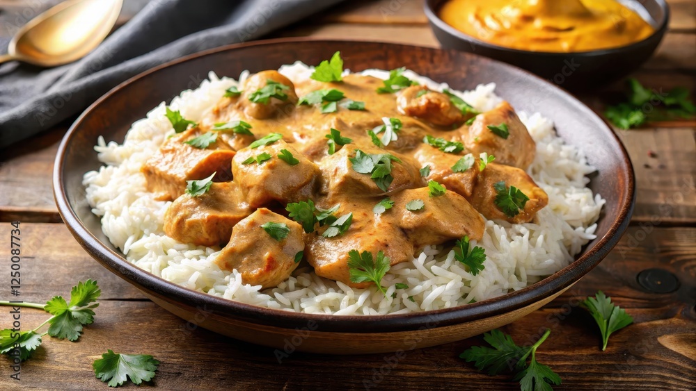 Tender chunks of chicken in a rich creamy sauce with a hint of spice and herbs, served over basmati rice Tender chunks of chicken in a rich creamy sauce with a hint of spice and herbs, served over basmati rice