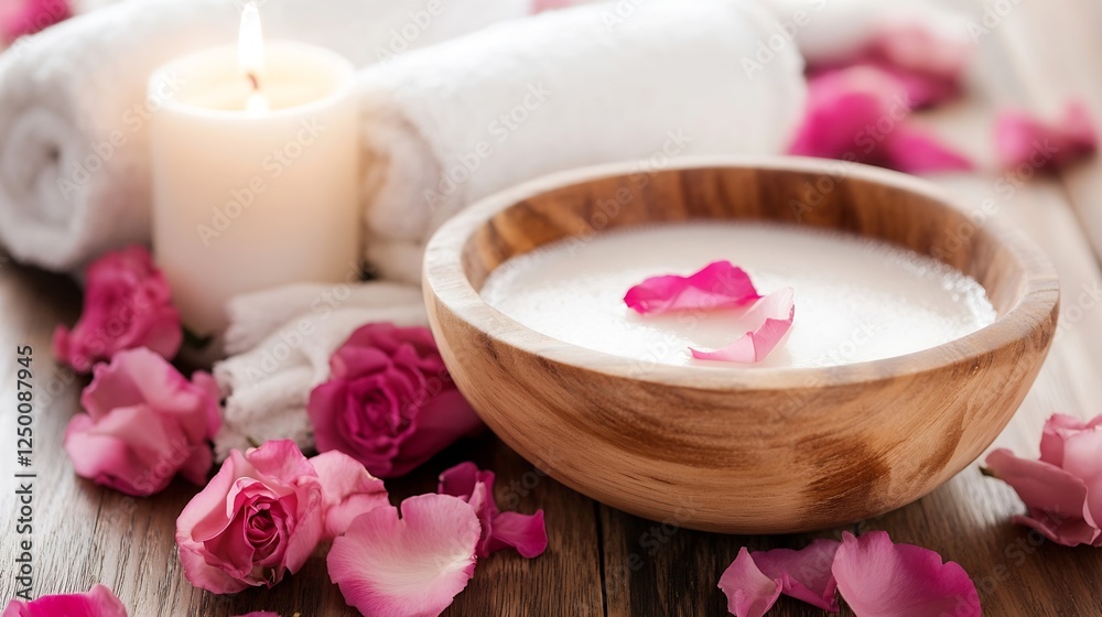Spa setting with rose petals, candles, and a bowl of relaxing bath essentials for a tranquil experience : Generative AI Spa setting with rose petals, candles, and a bowl of relaxing bath essentials for a tranquil experience : Generative AI