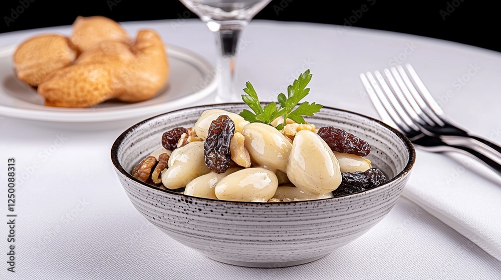 A bowl of creamy pasta with nuts and raisins, served elegantly. A bowl of creamy pasta with nuts and raisins, served elegantly.