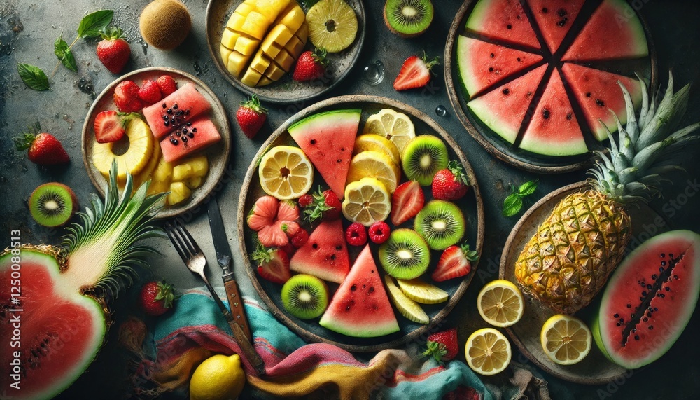 Fototapeta premium Colorful composition of tropical fruits like watermelon, kiwi, pineapple, and mango arranged on plates over a rustic table.