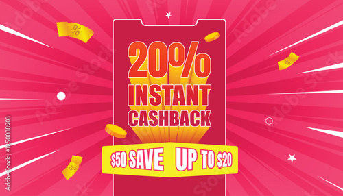 Instant cashback offer banner. Cashback isolated vector. Online shopping partner program. comic background Flying Voucher and voucher coin Money economy service. Vector illustration.