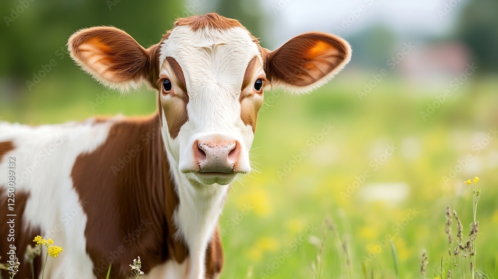 Charming Young Cow Grazing in a Sunny Meadow Surrounded by Wildflowers : Generative AI Charming Young Cow Grazing in a Sunny Meadow Surrounded by Wildflowers : Generative AI