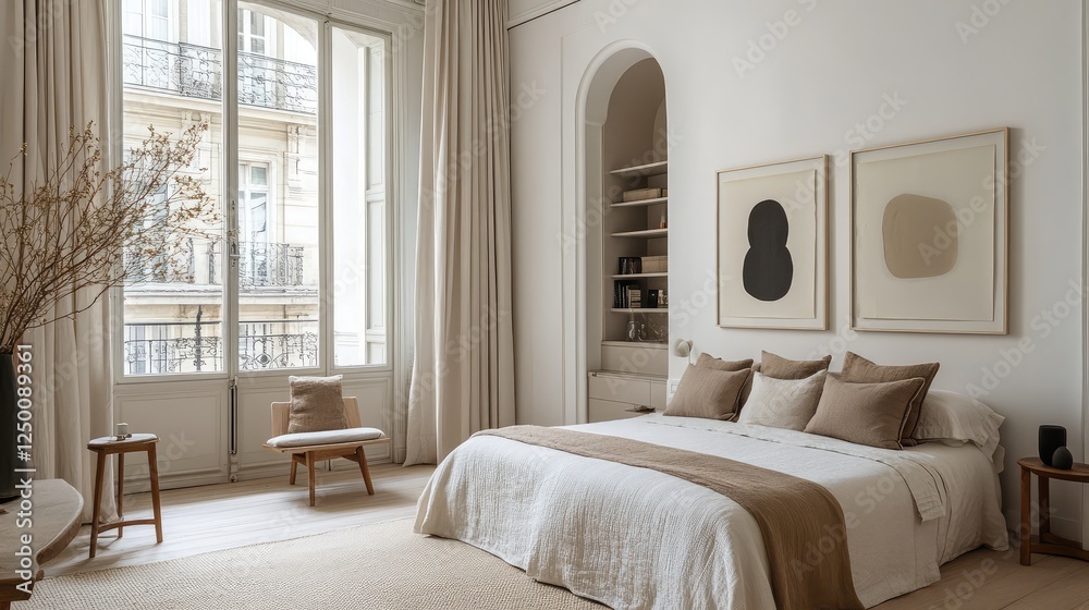 Fototapeta premium A serene European bed with cozy linens, a neutral palette, and a minimalistic design, placed in a spacious, bright room filled with light.