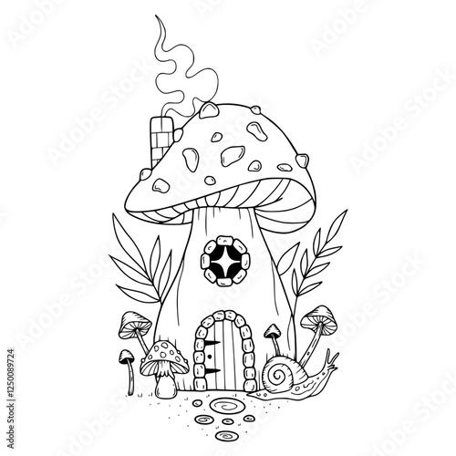 a black and white drawing of  mushroom house in outline style for coloring pages