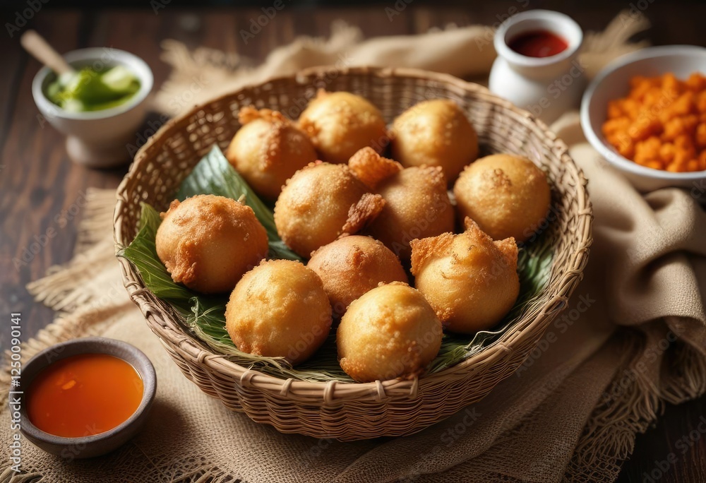 Crispy fried Pempek served on a woven basket with a side of Cuko sauce, cuko sauce, seafood, tapioca flour Crispy fried Pempek served on a woven basket with a side of Cuko sauce, cuko sauce, seafood, tapioca flour