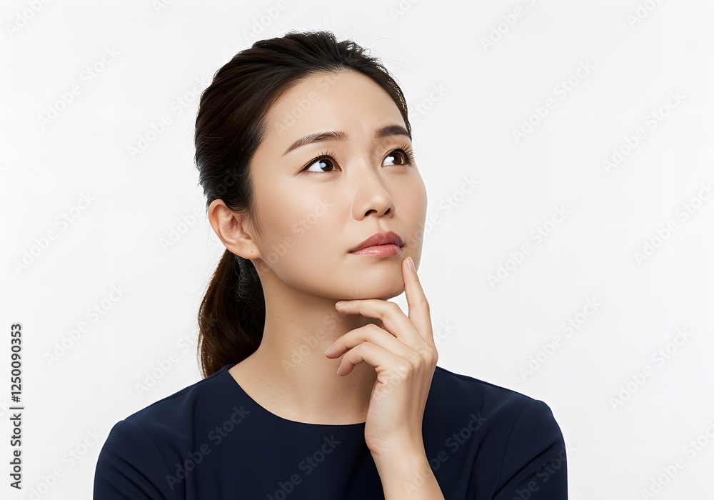 Thoughtful Woman Looking Up with Finger on Chin Against White Background Thoughtful Woman Looking Up with Finger on Chin Against White Background