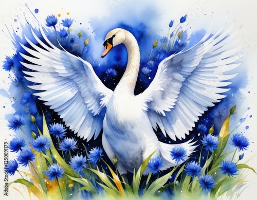 Fototapeta Naklejka Na Ścianę i Meble -  Elegant swan spreading wings amidst vibrant blue flowers in nature setting