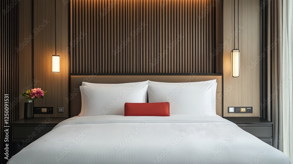 A spacious modern bed with crisp white sheets and soft pillows, a minimalist bedroom design with lots of copy space. A spacious modern bed with crisp white sheets and soft pillows, a minimalist bedroom design with lots of copy space.