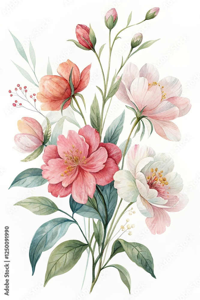 Fototapeta premium Watercolor Floral Bouquet Pink Peach Blossoms Botanical Illustration Wedding Greeting Card