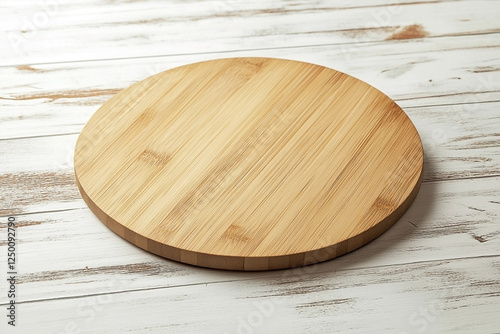 A round bamboo wooden board rests on a white wood background showcasing a natural aesthetic