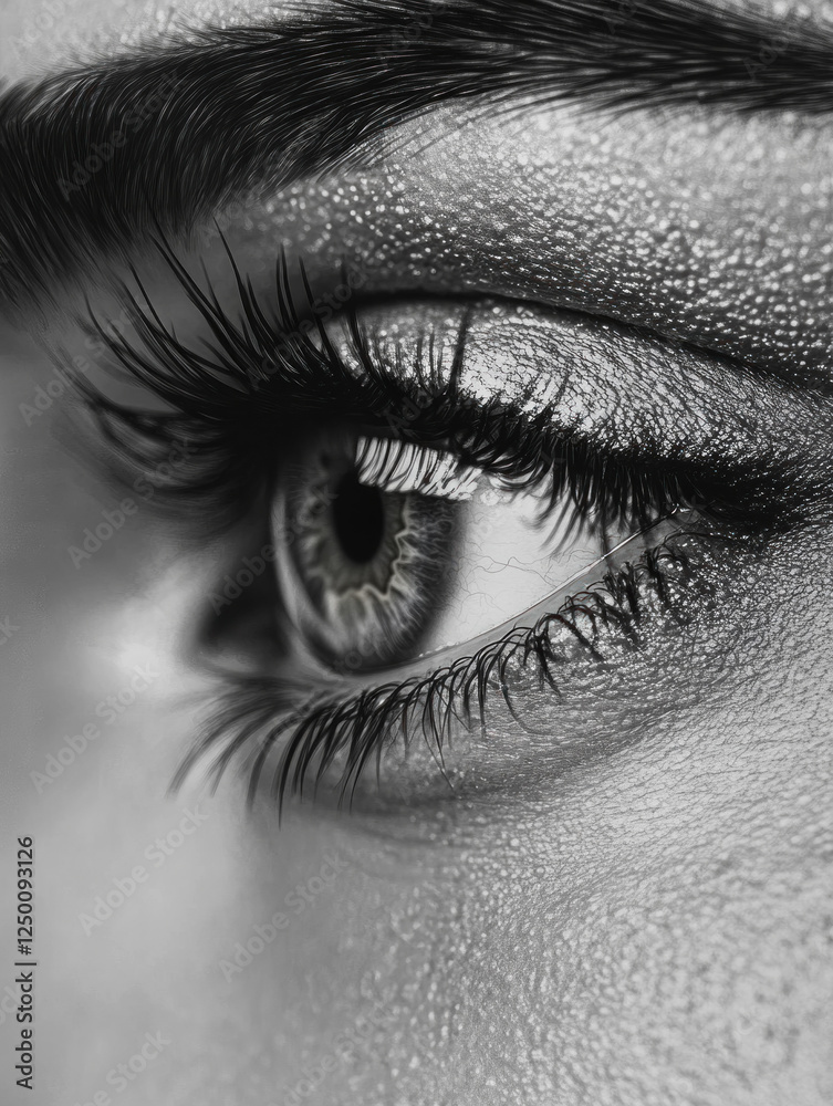 Obraz premium Close-up of a woman's eye with shimmering gold glitter accentuating the eyelid and lashes, creating a captivating and glamorous look.