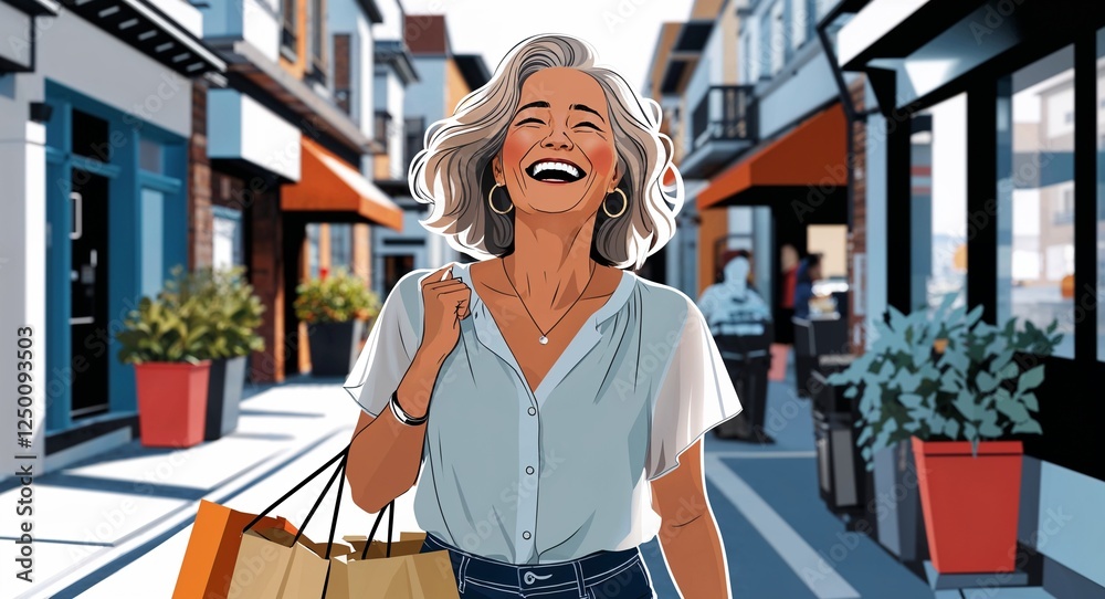 Fototapeta premium A middle aged woman joyful with soft waves wearing a summer chiffon blouse carrying grocery bags in an urban district in a simple hand drawing flat line design