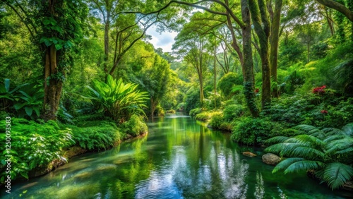 Water meandering through dense foliage amidst tall trees and vibrant greenery in a secluded area, outdoor environment, lush greenery