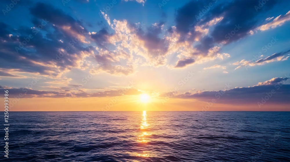 Obraz premium Dramatic Sunset over the Ocean with Cloudy Sky and Reflective Water Surface : Generative AI