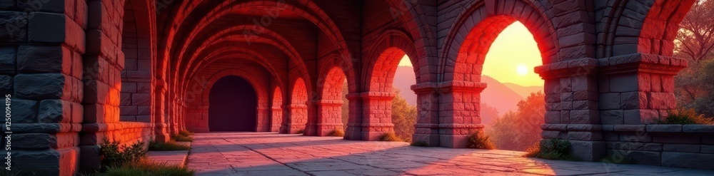 Fototapeta premium Crimson dawn paints weathered stone cloister arches; light streams through , dark, stone, sunrise