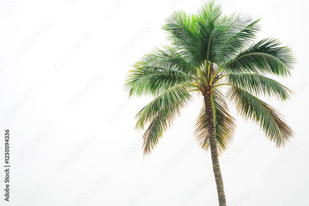 Obraz premium Tall palm tree against a clear white sky, tropical vibe.