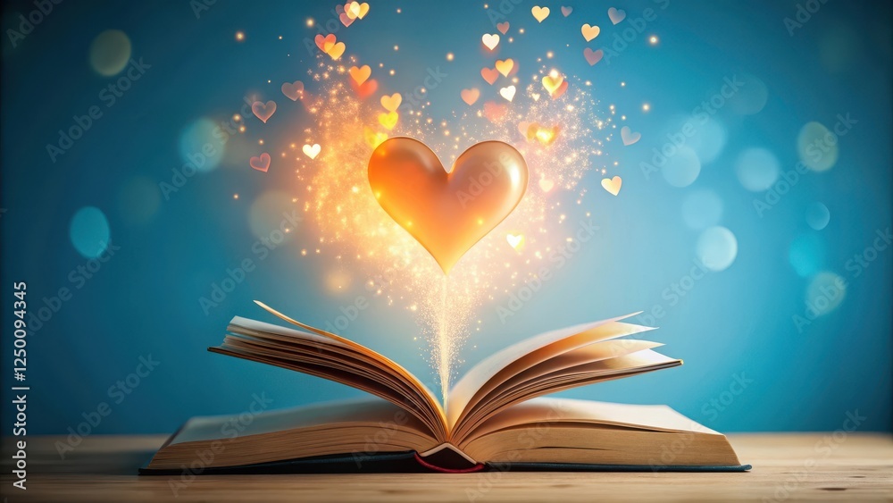 A book with a heart-shaped flame rising from its pages on a serene blue background, surrounded by delicate hearts floating gently in the air , heart shaped fire, literature A book with a heart-shaped flame rising from its pages on a serene blue background, surrounded by delicate hearts floating gently in the air , heart shaped fire, literature