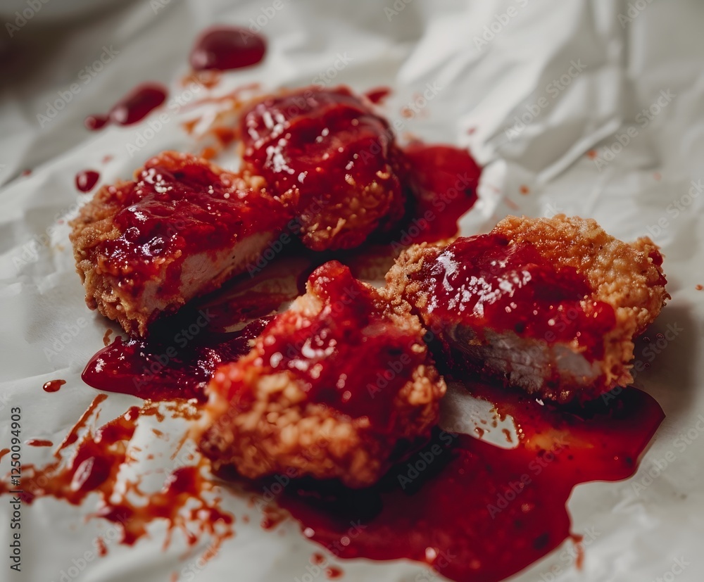 Succulent Korean Fried Chicken Drizzled in Vibrant Red Sauce on White Baking Paper Succulent Korean Fried Chicken Drizzled in Vibrant Red Sauce on White Baking Paper