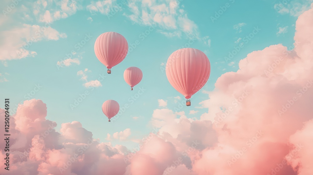 Fototapeta premium Balloons ascending into a sky filled with cotton candy clouds, dreamy copy space.