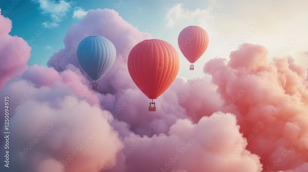 Fototapeta premium Balloons ascending into a sky filled with cotton candy clouds, dreamy copy space.