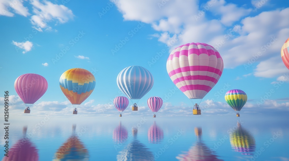 Obraz premium Balloon festival in full swing, colorful hot air balloons drifting over a calm lake reflecting the vibrant sky, ample copy space for branding.