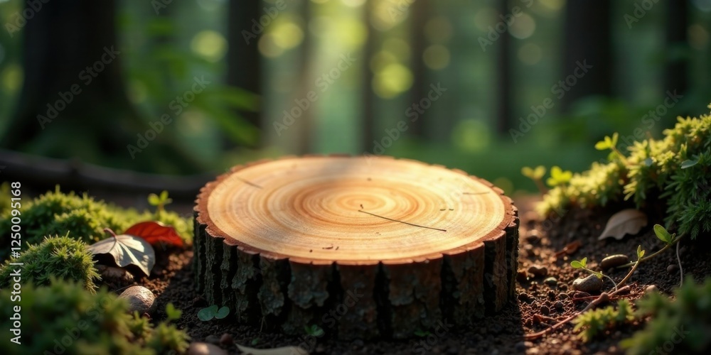 Serene Forest Setting Sunlit Tree Stump Display with Moss and Ground Cover Serene Forest Setting Sunlit Tree Stump Display with Moss and Ground Cover