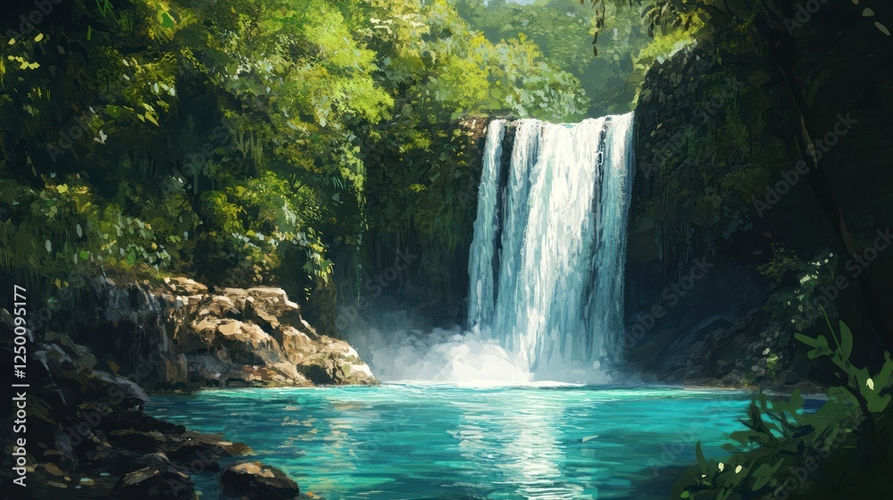 Fototapeta premium Lush jungle waterfall, turquoise pool, sunlit, travel poster