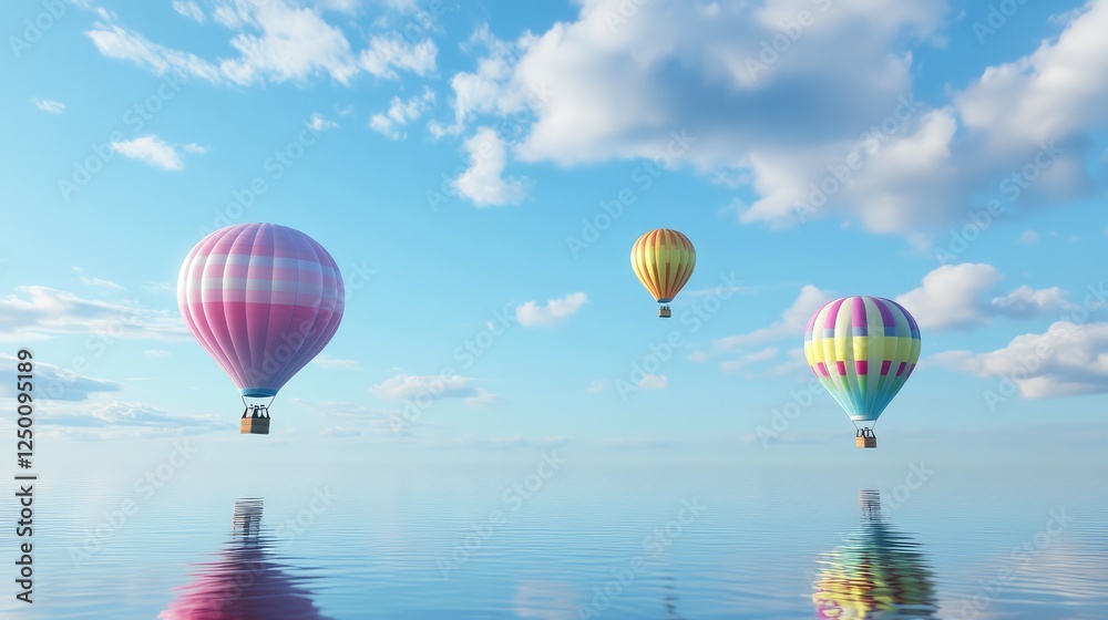 Obraz premium Balloon festival in full swing, colorful hot air balloons drifting over a calm lake reflecting the vibrant sky, ample copy space for branding.