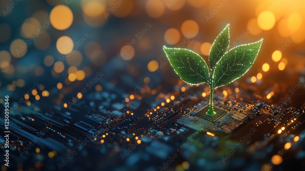 Green plant sprout growing from computer chip. Green plant sprout growing from computer chip.