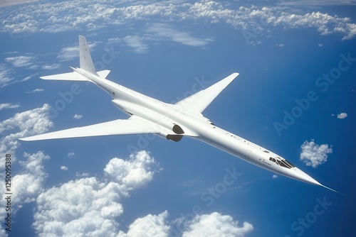 White supersonic bomber aircraft flying above clouds.