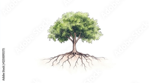 A vibrant tree with lush green foliage and exposed roots, symbolizing growth and stability