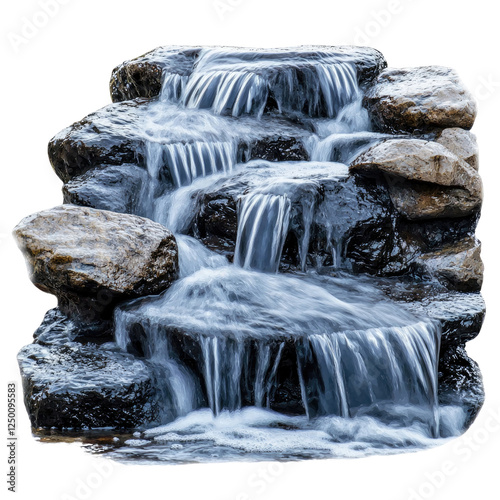serene waterfall cascading over rocks, creating tranquil atmosphere. flowing water glistens in light, enhancing natural beauty of scene