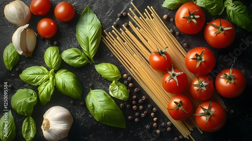 Spaghetti Tomatoes Basil Garlic Italian Food photo