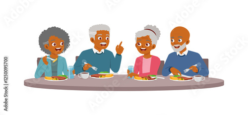 old man and old woman and friend eat steak meat together at restaurant