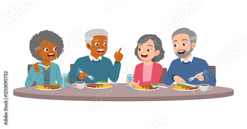 old man and old woman and friend eat steak meat together at restaurant