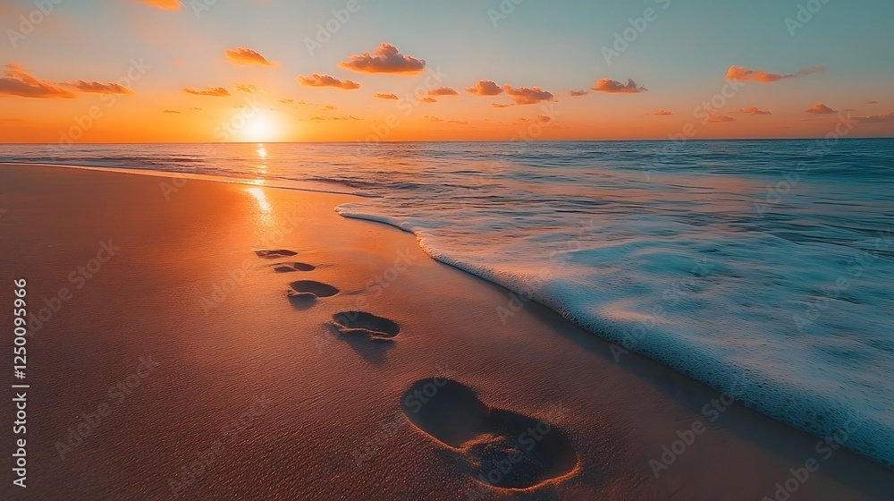 Obraz premium Sunset Beach Footprints Ocean Waves Golden Hour