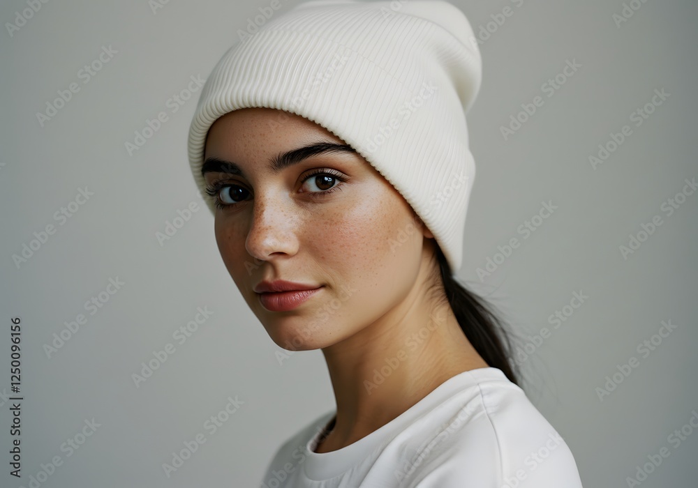 Woman Wearing Beanie and White Shirt with Freckles Portrait Woman Wearing Beanie and White Shirt with Freckles Portrait