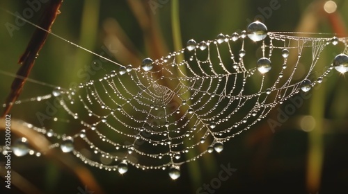 Close-up macro shot of morning dew drops on a spider web  